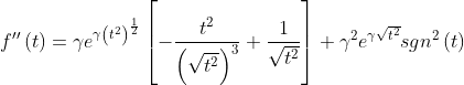 f{}''\left ( t \right )=\gamma e^{\gamma \left ( t^{2} \right )^{\frac{1}{2}}}\left [ -\frac{t^{2}}{\left ( \sqrt{t^{2}} \right )^{3}} +\frac{1}{\sqrt{t^{2}}}\right ]+\gamma ^{2}e^{\gamma \sqrt{t^{2}}}sgn^{2}\left ( t \right )